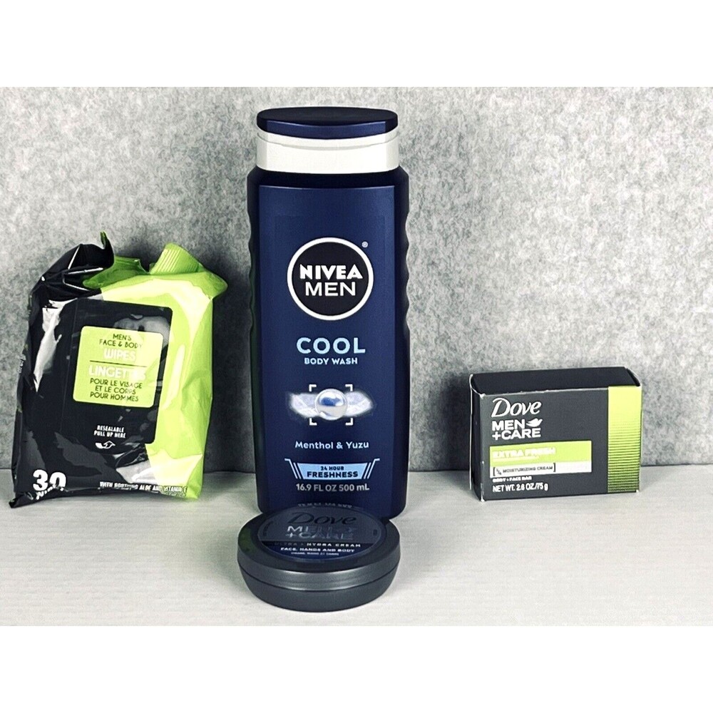 Dove and Nivea Mens Grooming Set 4 Piece Body Wash Soap Wipes Travel Kit